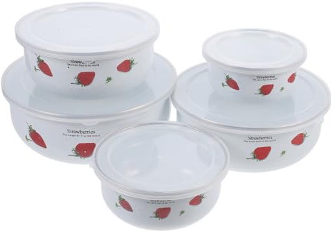 POPETPOP Ciotole Smaltate Set 5 Pezzi, Contenitori per Cibo Coperchio, Ciotole per Mescolare Zuppe e Insalate, Plastica e Smalto, Adatte per Campeggio e Uso Domestico