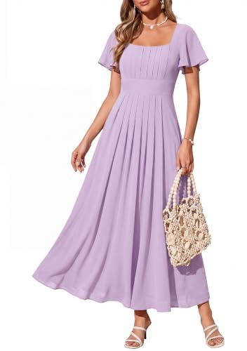 Ever-Pretty Robes de Demoiselle d'honneur Col Carrée Manches Courtes Mousseline Maxi Robe évasée ES02703