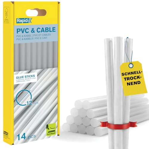 Rapid Heißklebesticks 12 mm, Spezialkleber für PVC & Kunststoff, 14 Stück | Für PVC & Kunststoff; für 11-12 mm Klebepistolen; 190 mm Lang; 14 Stück; Anwendungstemp. 170-190°C; 30 sek. Abbindezeit