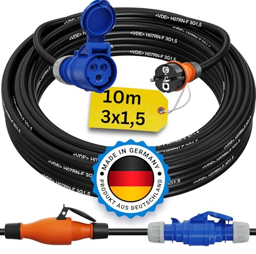 Schuko auf CEE Adapter 10m Camping Stromkabel PCE H07RN-F 3x1,5 Landstromkabel Wohnmobil Wohnwagen Kabel Camping Adapter 10 Meter Strom Verlängerungskabel CEE-Stecker Campingstecker