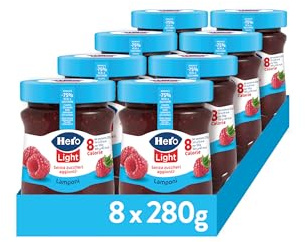 Hero Light Confettura di Lamponi Senza Zuccheri Aggiunti, 8x280g | Marmellata light, confettura extra, pochissime calorie, frutta alta qualità, senza conservanti, senza coloranti, colazione