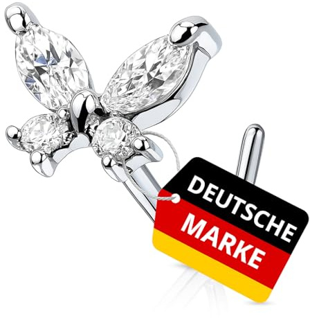 Tapsi´s Coolbodyart® Nasenpiercing L Stecker Gebogen Chirurgenstahl 316L Silber Zirkonia Schmetterling Klar