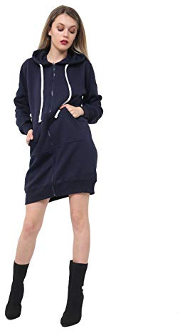GW CLASSY OUTFIT Kvinnor Lång Huvtröjor Enkel Dragkedja Damer Långärmad Fleece Longline Hoodie Casual Jacka Huvjacka med fickor, Marinblå lång, 46-48