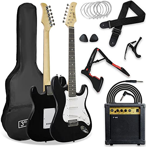 3rd Avenue XF Full Size 4/4 E-Gitarre Ultimate Kit Mit 10-W-Verstärker, Digitalem Stimmgerät, Kabel, Ständer, Gigbag, Gurt, Ersatzsaiten, Plektren, Kapodaster - Schwarz