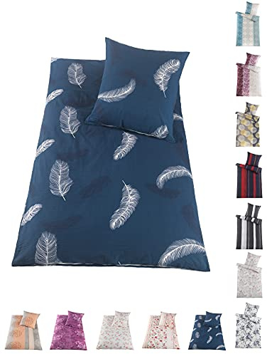 BaSaTex Seersucker Bettwäsche Set, 2-TLG., 135x200 cm, Federn Blau | Seersucker Baumwolle, Öko_Tex Zertifiziert, Bettgarnitur mit Struktur, Reißverschluss