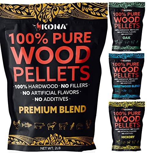 Kona Best Wood Smoking Pellets - Grilling Smoker Tube Pellets Variety Pack - 100% Hickory, Kona Premium Blend, 100% Oak, Kona Signature Sweetwood Blend - 2 Pound Bags