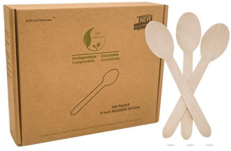 Cuillère en Bois Jetable 16cm, 200 Pièces Bouleau Naturel Respectueux de l'environnement Cuillère en Bois Vaisselle Biodégradable Compostable en Bois