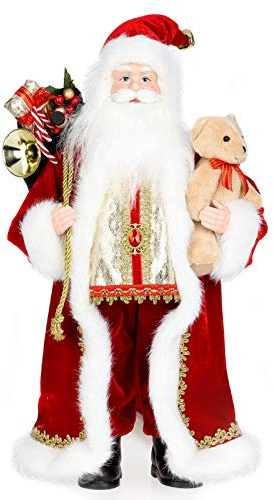 AGM 18 Santa Claus, Christmas Figurine Figure Decor with a Cute Terry Bear and Gifts Bag for Holiday Party Home Decoration
