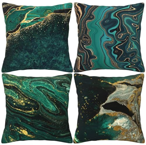 HOSTECCO Grüne Marmor Kissenbezug 45x45 4er Set Grün Gold Abstrakte Kissenbezüge Moderne Dekorative Kissenbezüge für Sofa Couch Bett