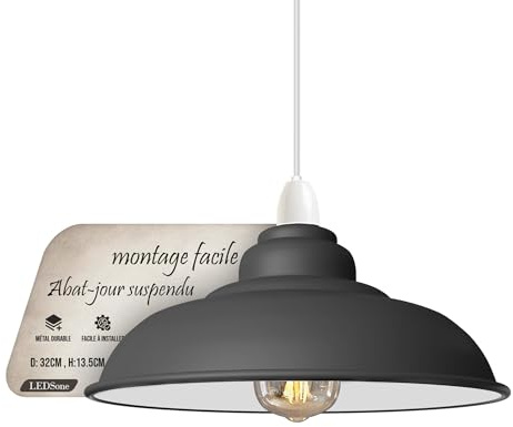 LEDSone Abat-jour de plafond industriel moderne en métal, grand abat-jour courbé de 32 cm, facile à installer, pour salon, cuisine, couloir (plaque réductrice gratuite) (Gris)