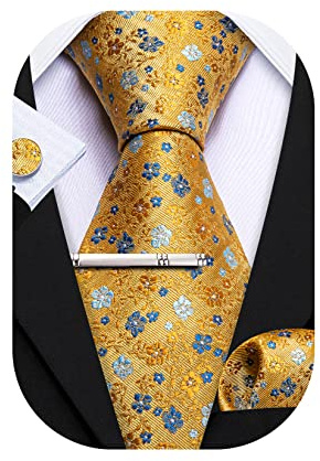 Barry.Wang Ensemble de 4 cravates pour homme - Couleur soyeuse - Motif cachemire - Avec boutons de manchette - Pour mariage, Motif fleurs jaunes, taille unique