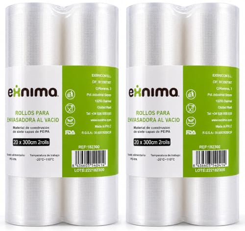 EXNIMA, Pack of 4 Rolls for Vacuum Packaging, Embossed Bags, Perfect for Food Storage, Vacuum Bags, Kitchen Utensils, Packaging Accessory, Measures 20 x 300 cm.