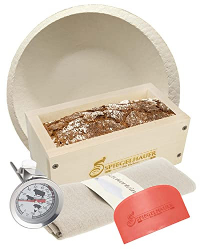 Bäckerei Spiegelhauer Backset Teigschaber, Backrahmen aus Ahornholz, Bäckerleinen, Einstechthermometer, Gärkörbchen rund