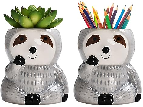 LOZACHE Mini Pflanztöpfe 2er-Set, Faultier Geschenk Keramik Blumentopf Klein Blumenübertopf für Bonsai Kaktus Sukkulente Pflanzen Blumen Draußen Balkon Garten Dekoration Innen Außen (Grau)