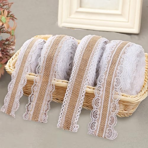 Juteband mit Spitze, 4 Roll Vintage Juteband Natur, Jute Sackleinen Band | Spitzenband Weiß Geschenke Deko für Hochzeit Weihnachten Dekoband, DIY Bastelbedarf Geschenkband (4 roll)