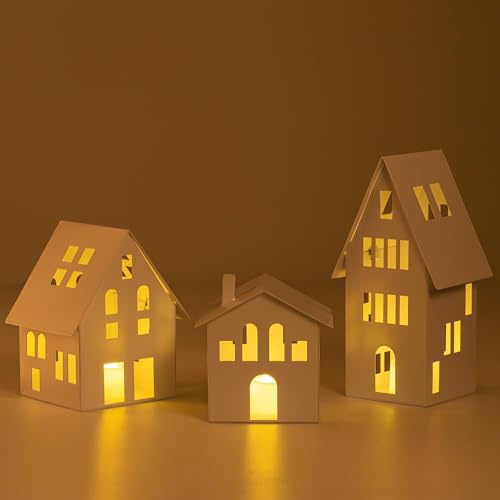 Romadedi Lot de 3 Maison Lumineuse en Métal avec Bougie Chauffe-Plat LED: Photophore Maison de Noel Décoration Maison - 10,6/14,3/20,5 cm - pour la Maison, Noël, Pendaison de crémaillère