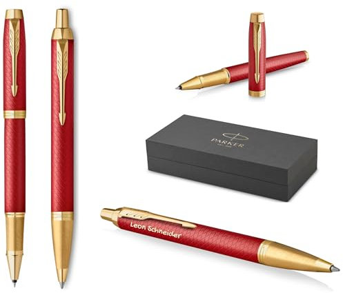 PARKER IM Premium Tintenroller und Kugelschreiber mit Gravur | Premium Stift | Geschenkbox | personalisiertes Geschenk | Jahrestag | Geburtstag (Red G.C.)