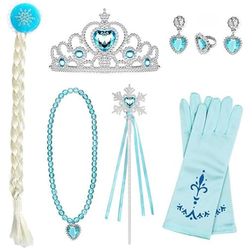 MAGIC SELECT Prinzessin Kostüme Set 7-teilig: Ring, Ohrringe, Handschuhe, Zauberstab mit Schneeflocke, Krone, Haarspange mit Blondem Zopf für Mädchen von 3 bis 10 Jahren. Prinzessin-Zubehörset.