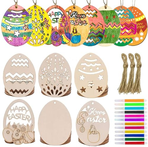 72 Pcs Holzanhänger ostern basteln kinder,Ostereier Zum Aufhängen,Ostern Basteln Set Für Kinder Ostereier Zum Bemalen Mit Schnur DIY Hölzerne Handwerk Set Mit 12 Farbpinsel Holzanhänger Ostern Deko