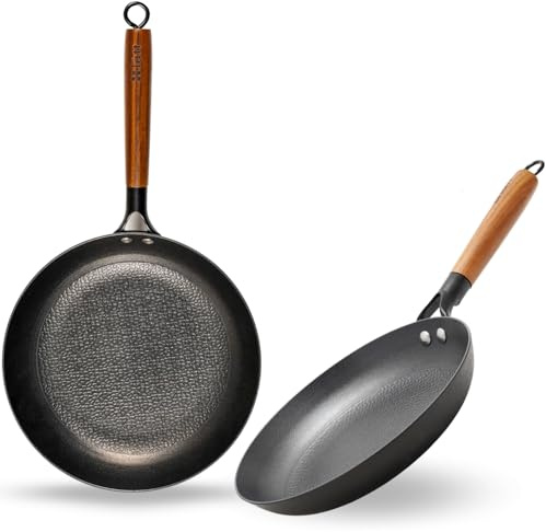 lätt Home Juego de Sartenes Hierro Fundido Antiadherente Aptas para Cocina de Inducción Gas Vitrocerámica Eléctrica Horno Lavavajillas - Mango Madera Acacia Removible - Set 2 Diámetros 24-28 cm