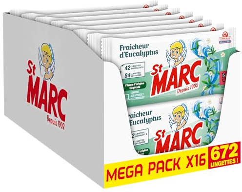St Marc Lingettes Désinfectantes et Compostables à l'Huile Essentielle d'Eucalyptus - Lot de 16-672 Lingettes Nettoyantes