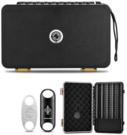 CIGARLOONG Cigar Travel Humidor with Humidifier and Hygrometer,Cigar Case with 2 Cigar Cutters, Holds up to 10 Cigars (black)