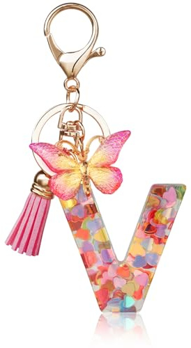OSDUE Porte-clés Lettre V Fille Femme, avec Pendentif Papillon et Pampille