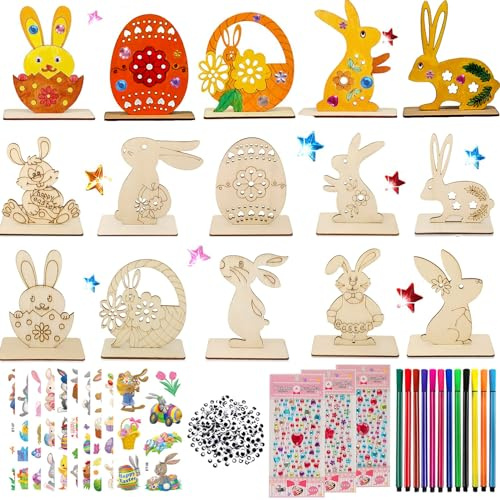 Generisch Ostern Basteln Kinder, 430 Stück OsternBasteln für Holz, Ostern Deko mit DIY, Osterdeko, Basteln Ostern, Ostereier Zum Bemalen, mit Aquarellstifte, GlöCkchen, Augen, Strasssteine, etc