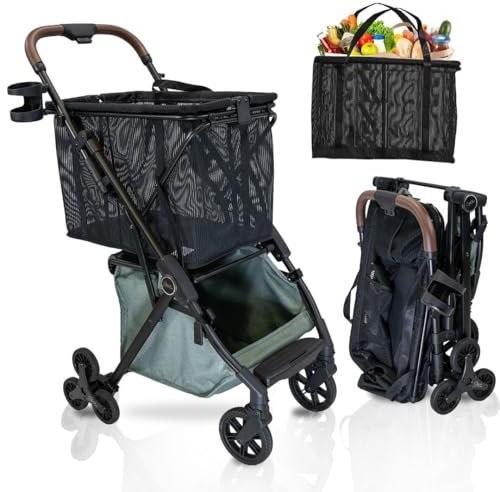Strolee Personlig lyxig hopfällbar kundvagn med trappklättringshjul – lätt aluminiumram – avtagbar shoppingväska med bärrem och lägre förvaring 34 kg kapacitet (salvia v2 trapphjul)
