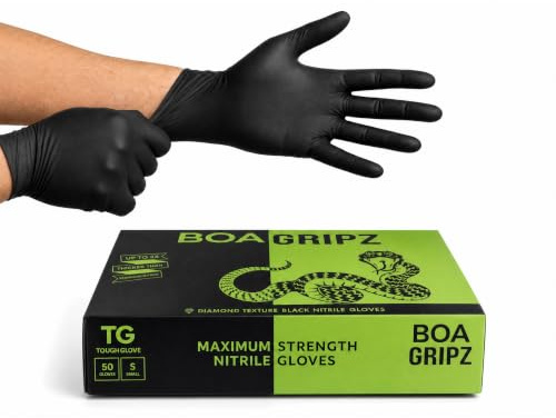 TG TOUGH GLOVE BOA Gripz Black Nitrile Gloves S, Diamond Grip, 50 Pack | disposable gloves, powder free, latex free, midweight, mechanic, industrial, textured, strong