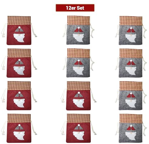 12er Set Geschenktüten Weihnachten – Filz + Stoff Geschenkbeutel mit Zugschnur, 14x17 cm, Perfekt für kleine Weihnachtsgeschenke, Weihnachtsbeutel, Geschenktüten klein, Weinachtstüten