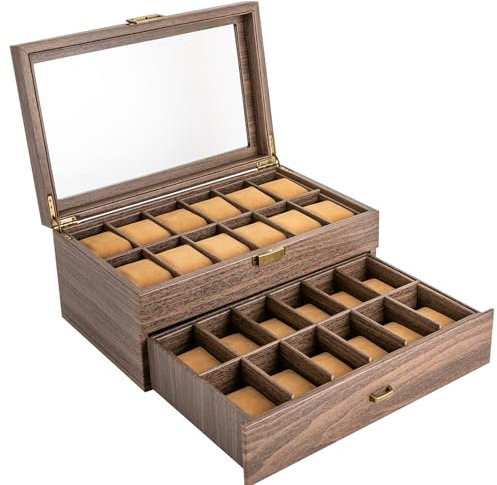 OUKANING Uhrenbox 24 Uhen Uhrenkoffer 34x21x15cm - Uhrenvitrine Uhrenbox mit 24 Fächern Schaukasten Uhrenkasten für Uhren Schmuck