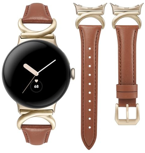 TOYOUTHS Lederarmband Kompatibel mit Google Pixel Watch 4/3 41mm/Pixel Watch 2/1 Damen, Schlank Luxus Elegant Dressy Leder Armbänder mit C-förmiger Schnalle, Braun/Champagne Gold