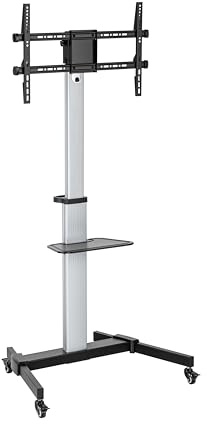 conecto TV Standfuß Ständer rollbar 37–86 Zoll, VESA 600x400 50kg Tragkraft | Höhenverstellbar, neigbar, mit Schwerlastrollen, Kabelmanagement sowie Ablage- und Kameraablage für flexible Einsätze