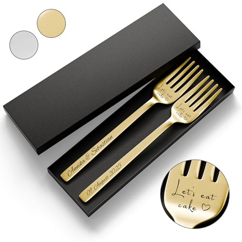 SMARTEON Gabel Set mit personalisierter Gravur – Hochzeitsgeschenke für Brautpaar, Geburtstag, Jubiläum, Geschenkidee für Paare – Kuchengabeln mit Namen mit Geschenkbox (Design 3, Gold)