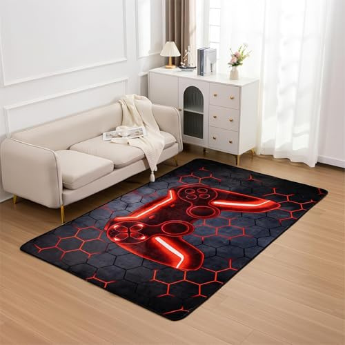 PEIHUODAN Alfombras De Videojuegos para Niños Y Adolescentes, Moderno Cool Tech Style Gaming Room Home Decoration Mat Alfombrilla Gamer Controller Gamepad, Alfombra Antideslizante (Red,140x200cm)