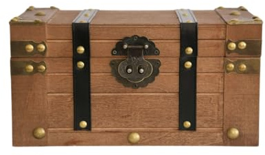 Wooden Treasure Chest with Leather Straps and Latch - Vintage Handmade Pirate Chest Box for Jewelry, Tarot Cards, Keepsakes & Home Decorations - Secure Lock Box Organizer, Brown, 11 x 7 x 5.8