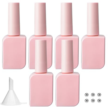 Agidea 6PCS Glass Gel Nail Polish Bottles Pink, UV Safe Opaque Empty Refillable Nail Varnish Vials Containers with Brush Cap & Funnel & Mixing Balls for Nail Art Samples (15ML)