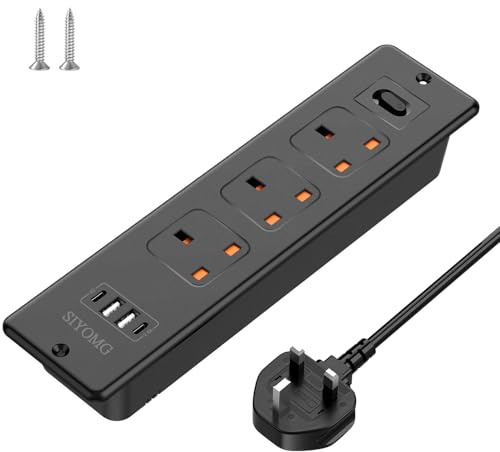 SIYOMG Recessed Power Socket with USB C, Flush-Mount Desk Power Outlet with 2 USB-A and 2 USB-C Ports, 1.8M Desk-Friendly Power Extension Lead with 3 AC Sockets, for Tables & Desks