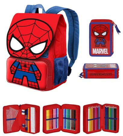 GREEN TRADE Set Scuola Spidey con Zaino Espandibile e Astuccio 3 zip da 44 pezzi Completo di colori, matite e accessori per la Scuola Elementare