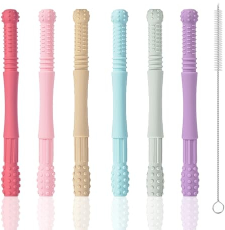 FITULABO Silicone Baby Teether Tubes, 6 Pack Hollow Teething Sticks for Kids Nursing Biting | Anxiety Relief Soft Sensory Chew Straw Toys for Infant Toddlers 0-3, 3-6, 6-12 Months