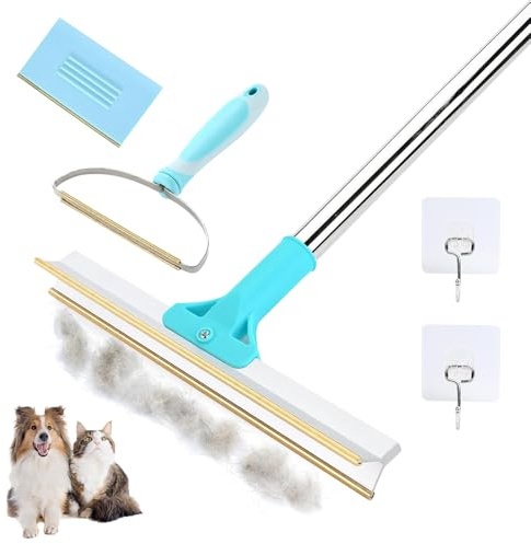 Lotvic Carpet Rake for Pet Hair Removal, 140cm/55 Adjustable Long Handle Carpet Pet Hair Remover with 2 Handheld Carpet Scrapers and 2 Hook, Dog Cat fur Remover for Rug Mat Furniture Couch Stairs
