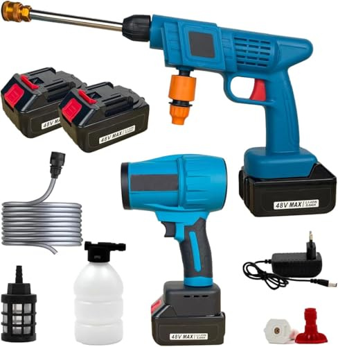 Kit 2 in 1 Mini Soffiatore Turbo Jet + idropulitrice con Doppia Batteria 48V Turbocompressore e Idropulitrice Potente, Velocità dell'Aria fino a 126 km/h ideale per Auto, Giardino e Superfici Esterne