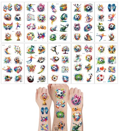 JYNVO 10 Stück Fußball-Tattoos mit Wasserfarben-Graffiti, Kindertattoos Temporär für Jungen, Fußball-Geschenke für Schulstuten, Party-Mitgebsel und Kindergeburtstag