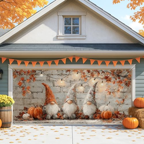 Housse de porte de garage en forme de nain d'automne, décoration d'automne vintage, orange, 2,1 x 2,4 m, grande décoration de porte de garage, décoration d'intérieur et d'extérieur pour fête