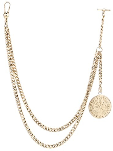 TEWAFOS Pocket Watch Chain，Watch Chain Men, Double-Layer Design, with Two Hooks, Halloween, Thanksgiving and Christmas Vests and Formal Clothes Accessories (Gold) (Gold)