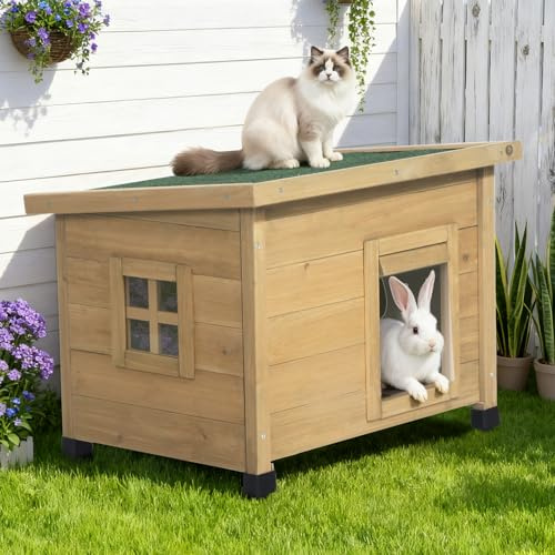 Agitree Outdoor Cat House, Weatherproof Wooden Pet House Shelter for Winter, Gray and White (Pure Yellow)