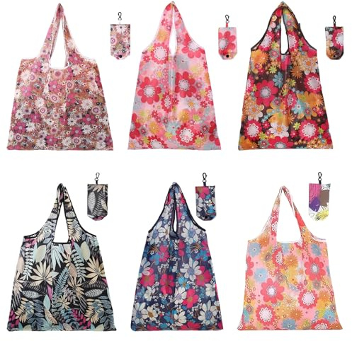 Cjytdkj Reusable Shopping Bags, 6PCS, Attached Pouch, Foldable, Waterproof | Machine Washable Grocery Bags, Tote Shopping Bags for Daily Shopping Groceries Travel Storage