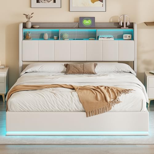 HYTKKBD Lit double rembourré, lit coffre 140 x 200 cm, tête de lit LED avec compartiment de rangement et recharge USB, lits fonctionnels avec compartiment de rangement hydraulique, sans matelas, blanc