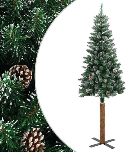 Gecheer Albero di Natale Sottile, Legno Vero e Neve Verde 180 cm, PVC e Acciaio Verniciato, per Decorazioni Natalizie